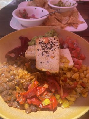 Vegan bowl and partially devoured chips/salsa/guacamole   at Historia Cantina in Schomberg