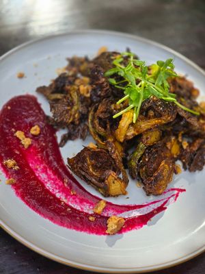 Fried Brussel Sprouts with Beet Purée at Historia Cantina in Schomberg