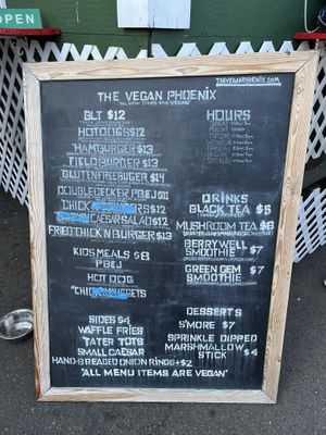 Typical American menu but in vegan edition  at The Vegan Phoenix in Beaverton