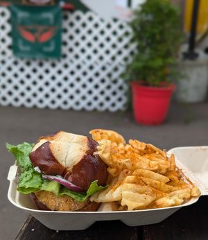 Fried "Chick"n Burger with waffle fries at The Vegan Phoenix in Beaverton