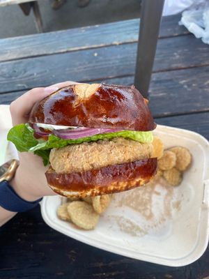 Chick’n Burger with Fried Pickles at The Vegan Phoenix in Beaverton