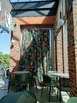 Part of the Morris-inspired decorations for the current exhibition (May 2025) at Deeney's Cafe in East London