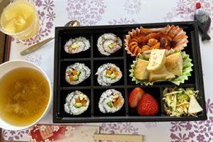 Healthy, tasty bento (with some plastic waste)   at M's Bento in Kyoto