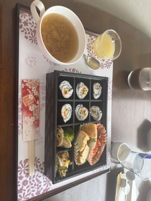 Miso, veg sushi, pickled veg, tofu, tomato pasta, apple jelly  at M's Bento in Kyoto