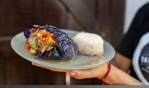 Menu of the day: Asian vegetable stir-fry rolled in purple cabbage and rice at Café TataCasBel Palomino in Palomino