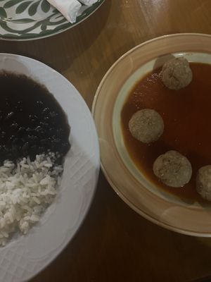 Albóndigas made from plantains in tomato sauce and beans with rice. 6.50€ each    at Habanita in Sevilla