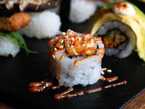 Fried shrimp tempura roll at Vegan Sushi Tokyo in Tokyo