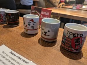 Sake flight in cute cups at Vegan Sushi Tokyo in Tokyo