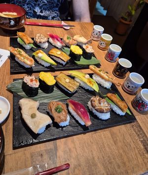 Full tasting boards and paired vegan sake at Vegan Sushi Tokyo in Tokyo