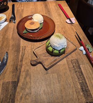 Matcha donut and red bean paste pancakes with ice cream. at Vegan Sushi Tokyo in Tokyo