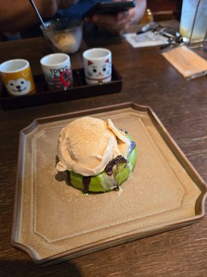 Dessert is matcha donut with ice cream (very good) at Vegan Sushi Tokyo in Tokyo