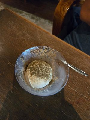 Husband's hojicha ice cream at Vegan Sushi Tokyo in Tokyo