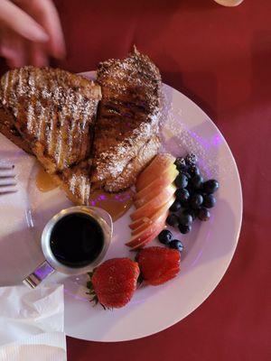 Vegan French Toast, usually made with vegan egg but modified to use almond milk. Amazing!! at Cake's Cafe in Santa Fe