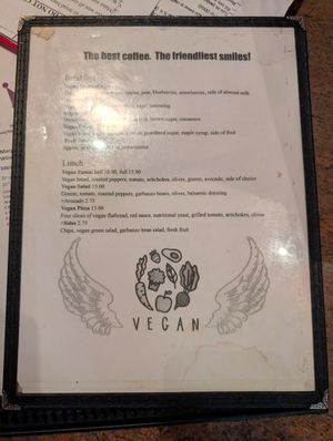 Separate vegan menu at Cake's Cafe in Santa Fe