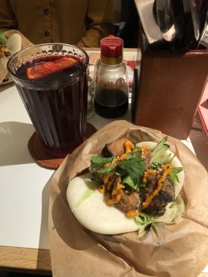 vegan bao and yuzu hibiscus drink  at Jen's Bing Café in Amsterdam