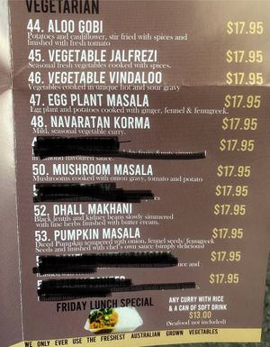 Take away menu with non-vegan items crossed out   at Shavan's Pakenham in Pakenham