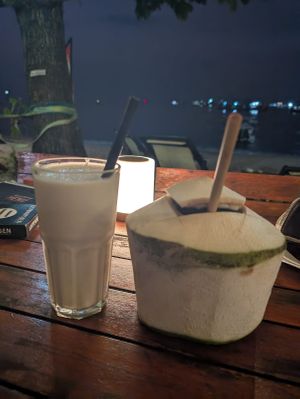 Vegan smoothie and fresh coconut at Goodtime Adventure Beach Club in Koh Tao