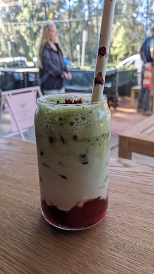 Iced strawberry matcha at Velicious Café in North Narrabeen