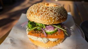 Vegan salmon and cream cheese bagel at Velicious Café in North Narrabeen