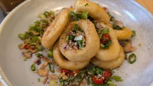 Konjac Kalamari, with a very spicy salad. 🌶️🌶️🌶️ at Velicious Café in North Narrabeen