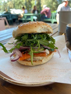 Smoked Salmon bagel at Velicious Café in North Narrabeen