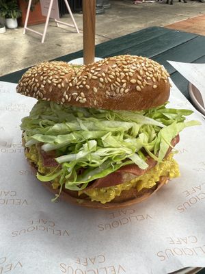 Curry egg bagel   at Velicious Café in North Narrabeen