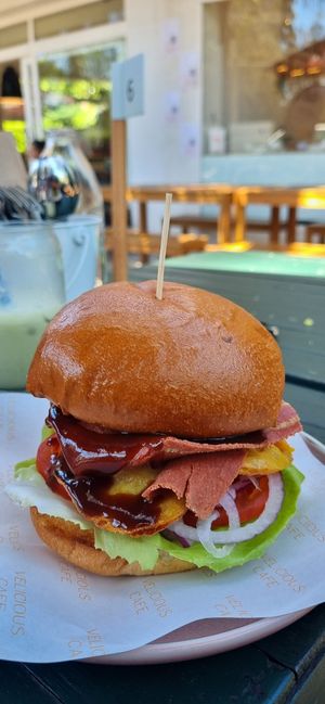 Brekkie burger at Velicious Café in North Narrabeen