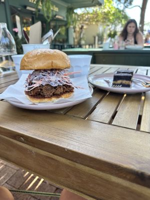 Pulled BBQ pork burgers and peanut butter brownie  at Velicious Café in North Narrabeen