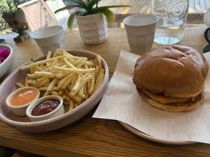 Cheese burger with fries  at Velicious Café in North Narrabeen