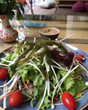 Seagrape and vegetable Salat, local sea grapes farmed and processed in Vietnam. Nutritious Fresh Salat served with our home made miso sauce. at Zenith in Hanoi