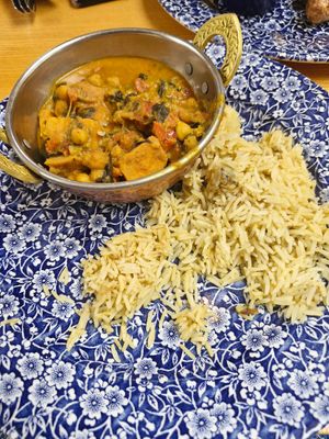 Simple sweet potato,  chickpea and spinach curry with pilau rice at The Mail Rooms in Ross-on-wye