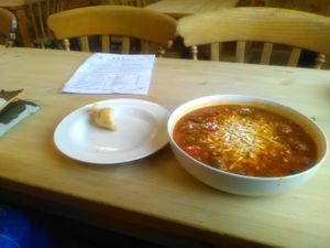 Meat or not, meat ball soup and homemade focaccia bread.  at The Sunflower Cafe in Hastings