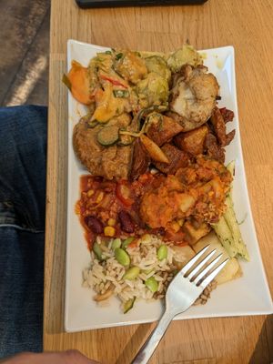 A medium plate full of food at Sattgrün - Hafen in Dusseldorf