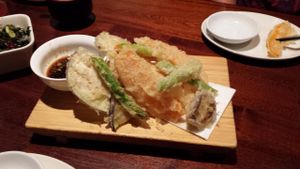 sweet po, asparagus, eggplant tempura at Yamamori Noodles in Dublin