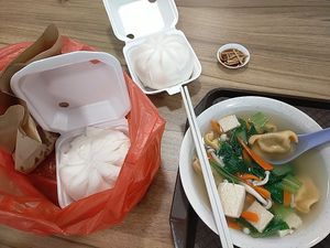 Big bao, dumpling soup $5 & shrimp paste rolls (in the bag) at Fu Kang Ting Vegetarian - Bedok - 富康庭素食轩 in East Singapore
