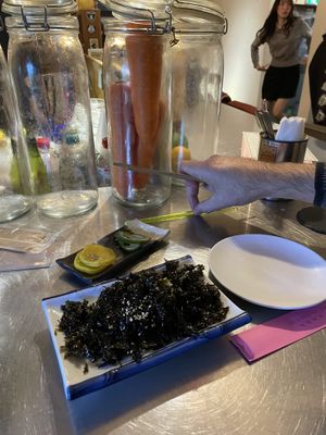 Avocado nori dish & Grandma’s pickles were both delicious   at Ningen Restaurant in Tokyo