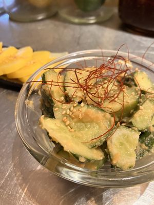 Cucumber with sesamseeds and miso   at Ningen Restaurant in Tokyo