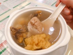 Yellow fungus mushroom soup at Jade Vegetarian - Jane Heart in Kowloon