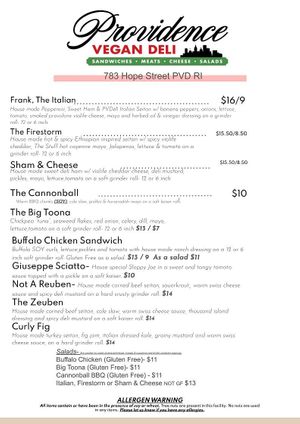 Current November 2024 Sandwich Menu at Providence Vegan Deli in Providence