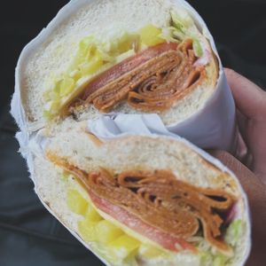 Cross section of a frank at Providence Vegan Deli in Providence