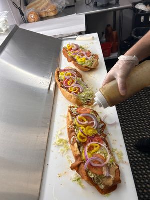 Franks on the assembly line at Providence Vegan Deli in Providence