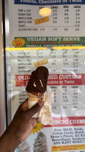 Vanilla non-dairy ice cream on a cone dipped in chocolate  at Dairy Twist Cafe in Wolverine Lake