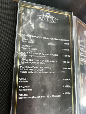 Vegan and vegetarian options. For Vegan options, ask the waiter    at Kristal in Jajce