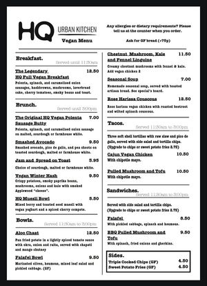 Vegan menu at HQ Urban Kitchen in Swansea