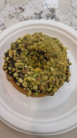 Chocolate pistachio vegan donut at Donerds Donuts in Bethlehem