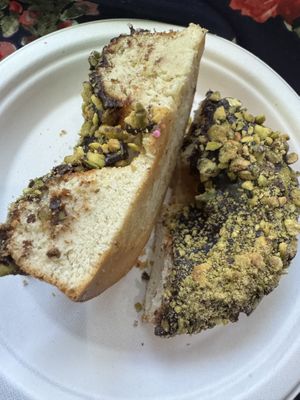 The chocolate pistachio “not a donut, more like marzipan poundcake donut”  at Donerds Donuts in Bethlehem