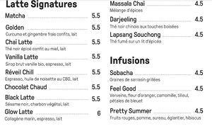 Hot beverages menu at kind cafe @ kind yoga in Paris