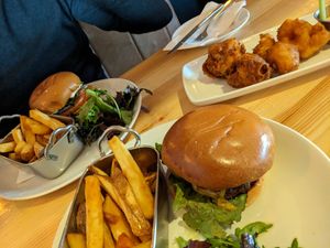 The really really good burger and twice cooked fries (also good). And the not bad cauliflower bites. at Fitz's Bar in Doolin