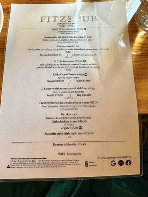 limited tour menu as of sept 2023 at Fitz's Bar in Doolin