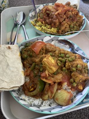 Vegan jalfrezi and Matar Tofu with boiled rice and vegan mushroom ricee   at Whitley Bay Tandoori in Whitley Bay